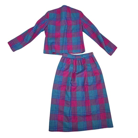 Vintage Johnny B Plaid Wool Skirt & Jacket Set Fuchsia & Teal M Classic 2-Piece - Picture 2 of 11